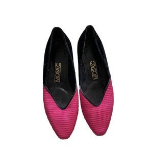 Vintage Mosaic Shoes 7.5 B Low Wedges Heels Pink Black Velvet Pointed Slip On
